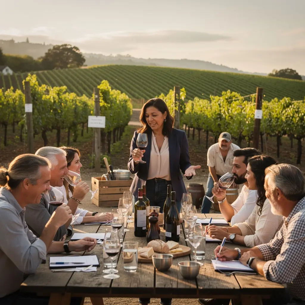 Grupa turystów odkrywających historyczne miejsca z przewodnikiem.