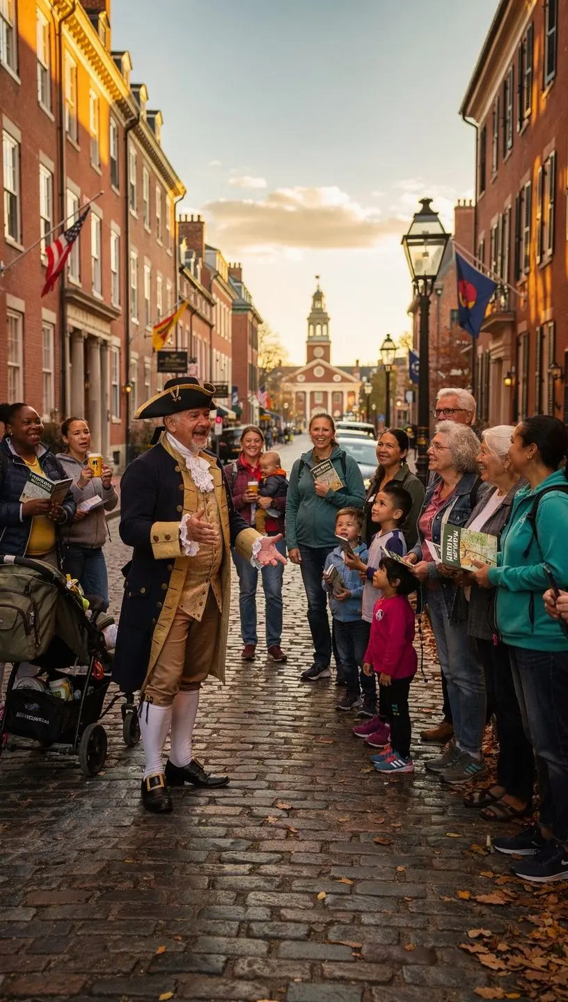 Widok na grupę turystów zwiedzających historyczne miejsce w Stanach Zjednoczonych.